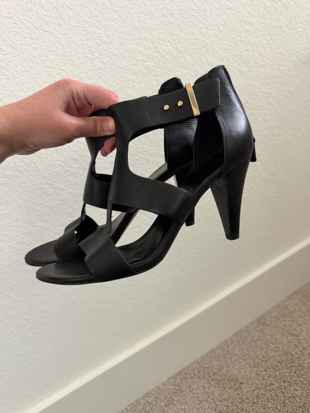Cole Haan Black Strappy Gold-Accent High Heel Heels